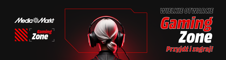 Plakat Media Markt z napisem Gaming Zone. Widoczna osoba w słuchawkach, neonowy obrys, hasło "Wielkie Otwarcie. Przyjdź i zagraj!".