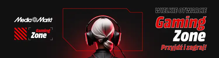 Plakat Media Markt z napisem Gaming Zone. Widoczna osoba w słuchawkach, neonowy obrys, hasło "Wielkie Otwarcie. Przyjdź i zagraj!".