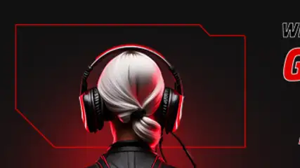 Plakat Media Markt z napisem Gaming Zone. Widoczna osoba w słuchawkach, neonowy obrys, hasło "Wielkie Otwarcie. Przyjdź i zagraj!".