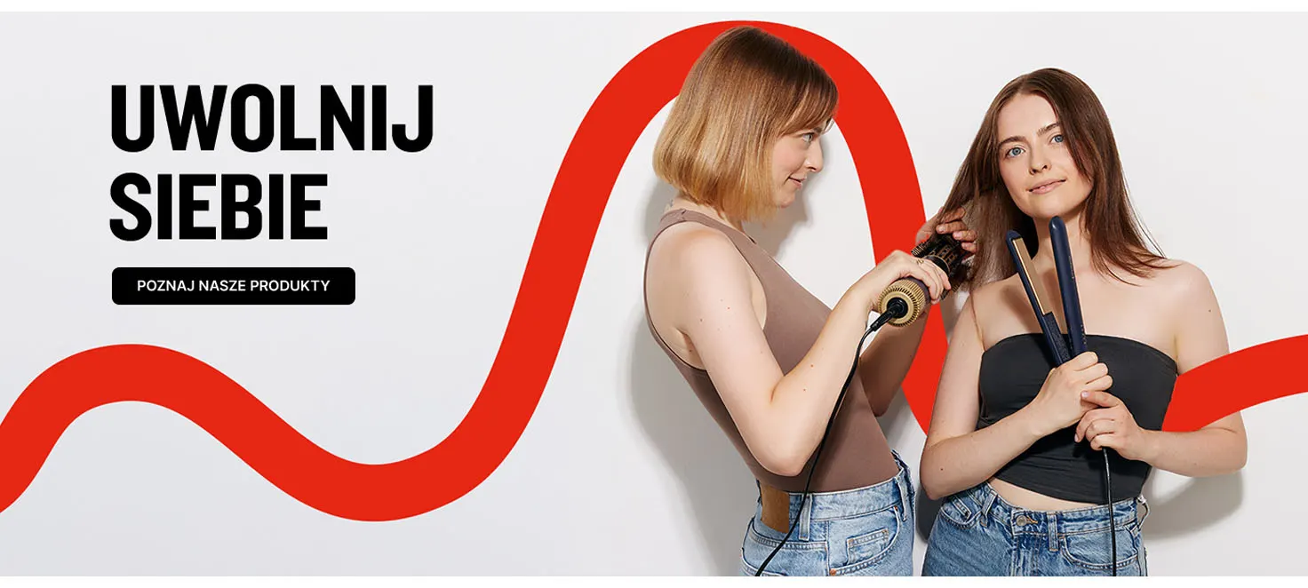 Napis "Uwolnij siebie" a obok dwie modelki z lokówką i prostownicą Remington