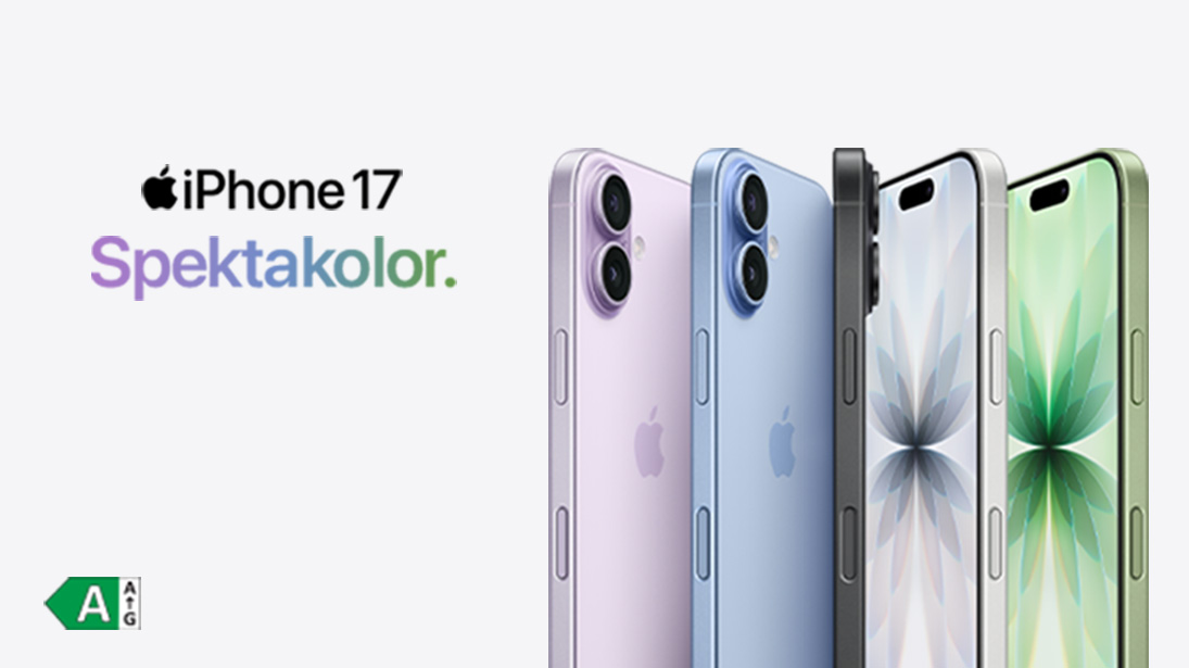 iPhone 17 spektakolor, 5 kolorów iPhonów na lekko różowym tle.
