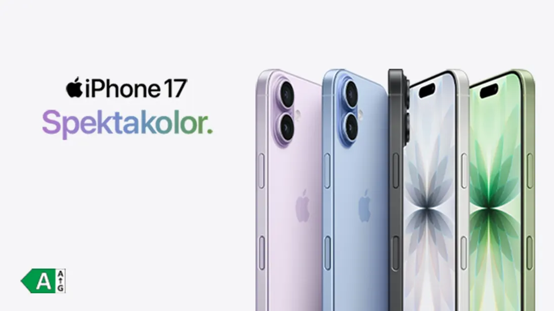 iPhone 17 spektakolor, 5 kolorów iPhonów na lekko różowym tle.