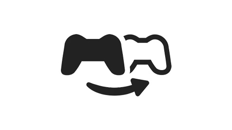 Czarny kontroler do gier z zakrzywioną strzałką wskazującą na biały kontur kontrolera na białym tle.