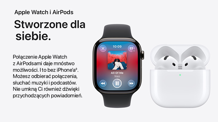 Apple Wach i AirPods. Stworzone dla siebie. Połączenie Apple Watch z AirPods daje mnóstwo możliwości. I to bez iPhone'a. Możesz odbierać połączenia, słuchać muzyki i podcastów. Nie umknął Ci również dźwięki przychodzących powiadomień.