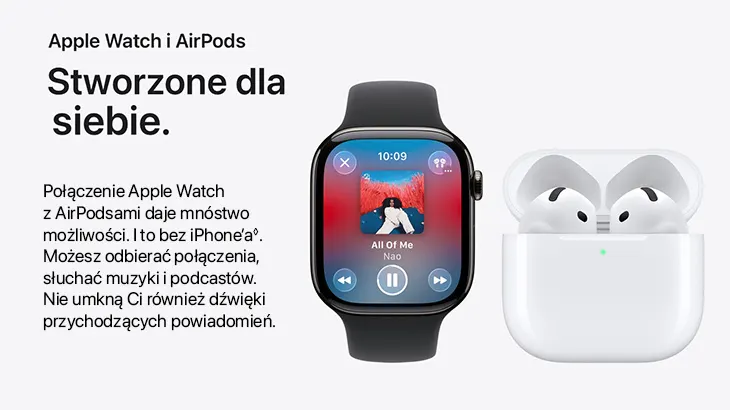 Apple Wach i AirPods. Stworzone dla siebie. Połączenie Apple Watch z AirPods daje mnóstwo możliwości. I to bez iPhone'a. Możesz odbierać połączenia, słuchać muzyki i podcastów. Nie umknął Ci również dźwięki przychodzących powiadomień.