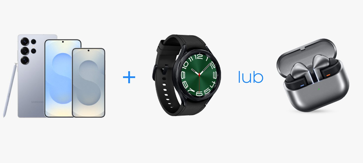 Dwa telefony, rysik, znak plus, zegarek na rękę z zieloną tarczą i słuchawki w etui na białym tle.