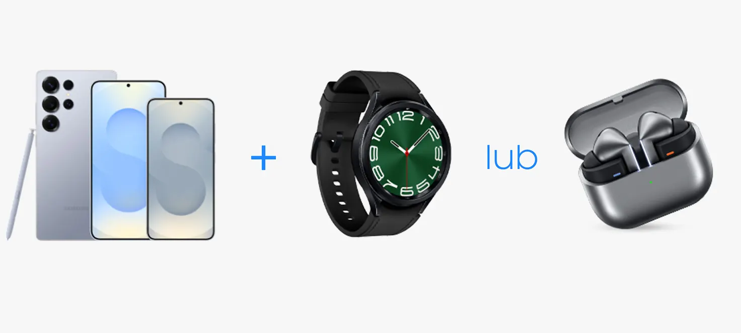 Dwa telefony, rysik, znak plus, zegarek na rękę z zieloną tarczą i słuchawki w etui na białym tle.