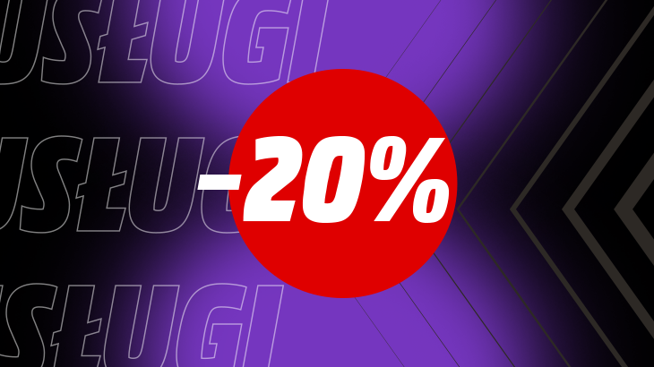 -20% w czerwonym kółku, na fioletowo szarym tle.