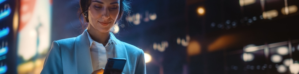 Kobieta w jasnym żakiecie sprawdza telefon na tle nocnego miasta z rozmytymi światłami.