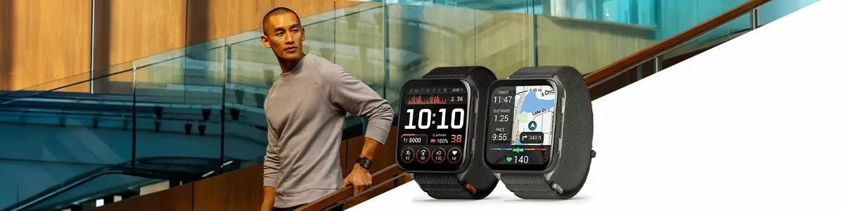 Premierowe smartwatche Garmin Venu X1, w tle mężczyzna na drewnianych schodach przeszklonego biura.