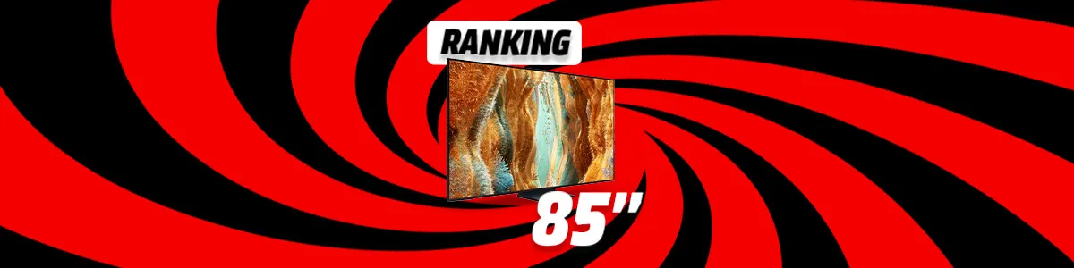 Grafika telewizora na tle czarno-czerwonego wiru. Napis: Ranking 85 cali. 