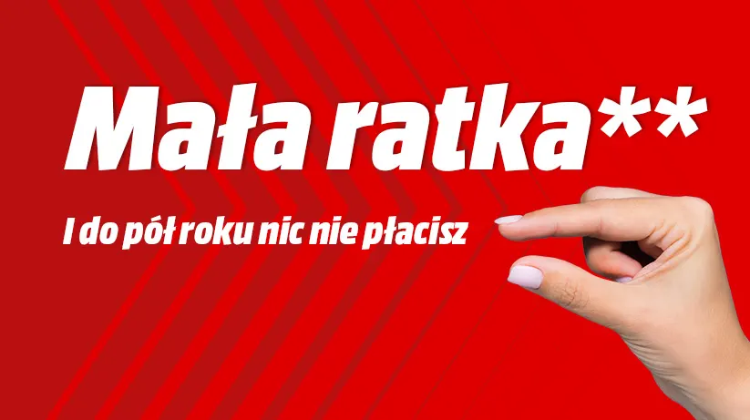 Na czerwonym tle biały napis "Mała ratka**" i "I do pół roku nic nie płacisz". Obok dłoń z wyciągniętym palcem wskazującym.