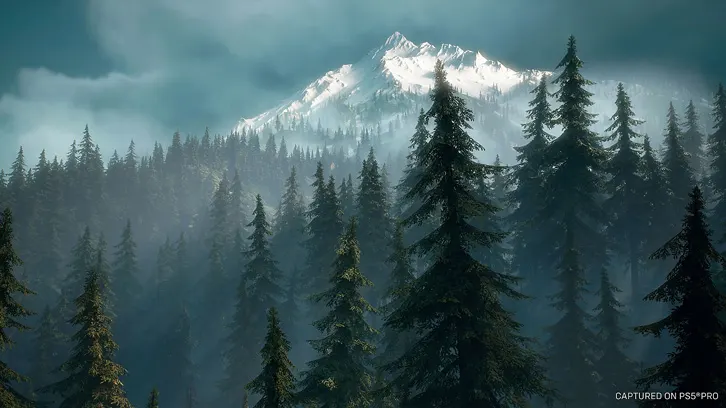 Pejzaż z lasem iglastym i ośnieżonym szczytem górskim w tle. Dominują odcienie zieleni, bieli i szarości, tworząc mglistą atmosferę.