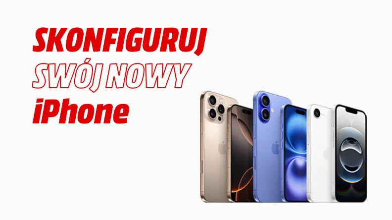 Na białym tle widnieje czerwony napis "Skonfiguruj swój nowy iPhone" oraz rząd smartfonów w kolorach złotym, grafitowym, niebieskim i białym.