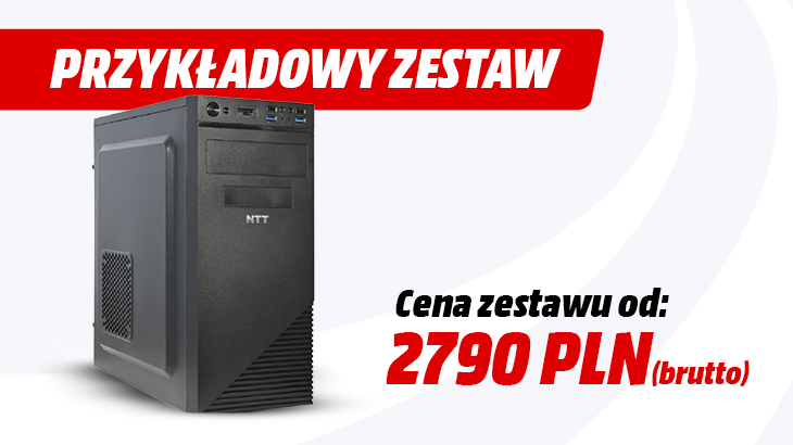 Przykładowy zestaw. Cena zestawu od 2790 PLN brutto. Obok komputer na szaro białym tle.