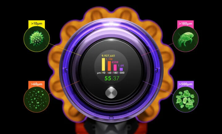 Czarny odkurzacz z fioletowymi akcentami ma ekran z danymi liczbowymi i grafikami słupkowymi, otoczony ilustracjami cząstek.