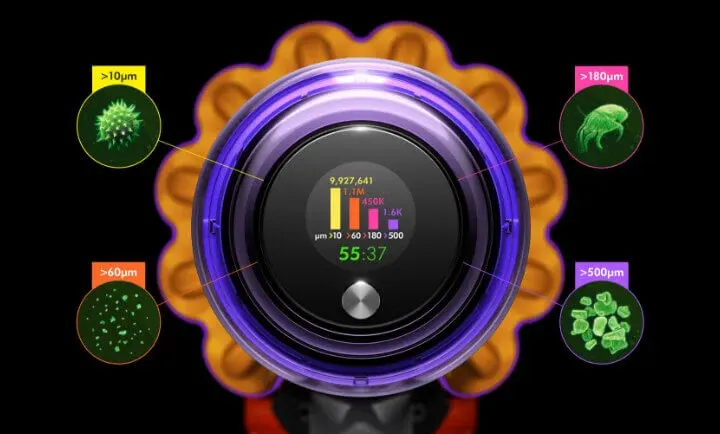 Czarny odkurzacz z fioletowymi akcentami ma ekran z danymi liczbowymi i grafikami słupkowymi, otoczony ilustracjami cząstek.