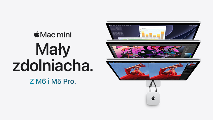 Mac mini Mały zdolniacha. Z M6 i M5 Pro. 3 monitory po prawej stronie wraz z mac mini, na szarym tle.