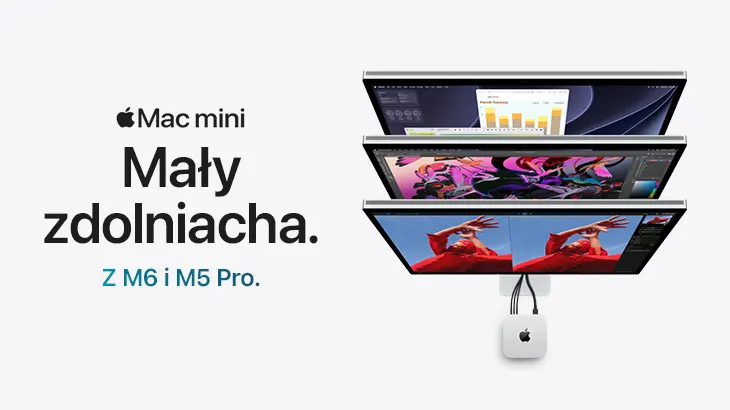 Mac mini Mały zdolniacha. Z M6 i M5 Pro. 3 monitory po prawej stronie wraz z mac mini, na szarym tle.