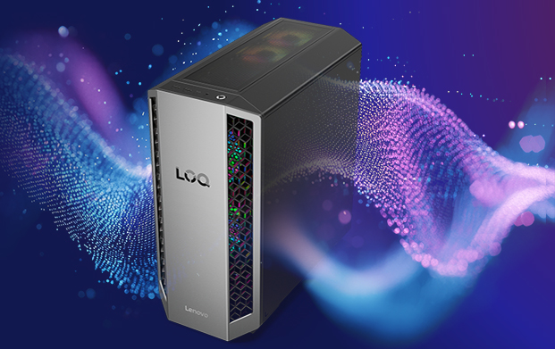 Komputer Lenovo LOQ na niebieskim tle z grafiką fali dźwiękowej