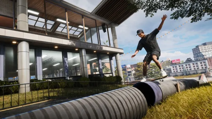 Postać z THPS jeździ sobie deskorolką na rurze