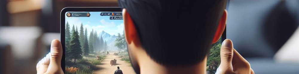 Osoba trzyma tablet z grą wideo. Na ekranie las, góry i postacie.