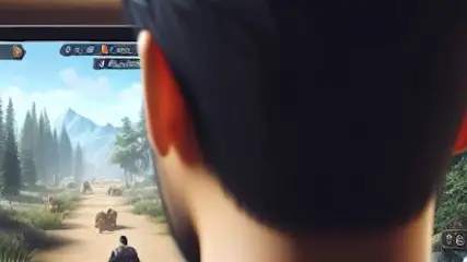 Osoba trzyma tablet z grą wideo. Na ekranie las, góry i postacie.