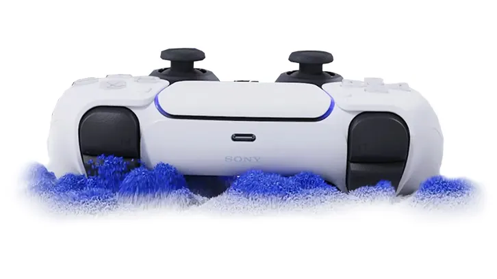 Biały kontroler do gier z czarnymi gałkami analogowymi i niebieskimi akcentami na białym tle z niebieskimi dekoracjami.