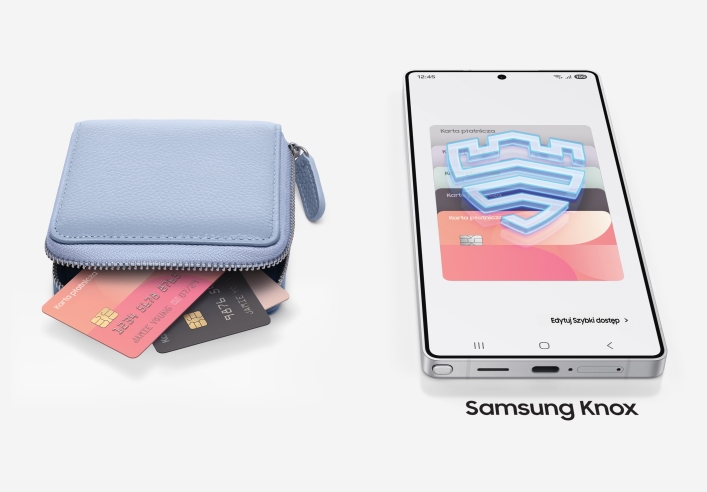 Portfel z wystającymi kartami płatniczymi obok telefonu Samsung z zabezpieczeniem Samsung Knox.