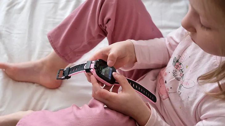 Dziecko w różowej piżamie siedzi na białym łóżku i obsługuje czarno-różowy smartwatch.