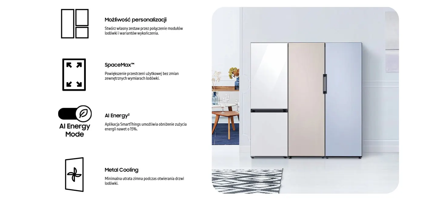 Trzy lodówki Samsung Bespoke w kolorach białym, beżowym i jasnoniebieskim stoją na białej podłodze. Po lewej stronie ikony i tekst reklamowy.