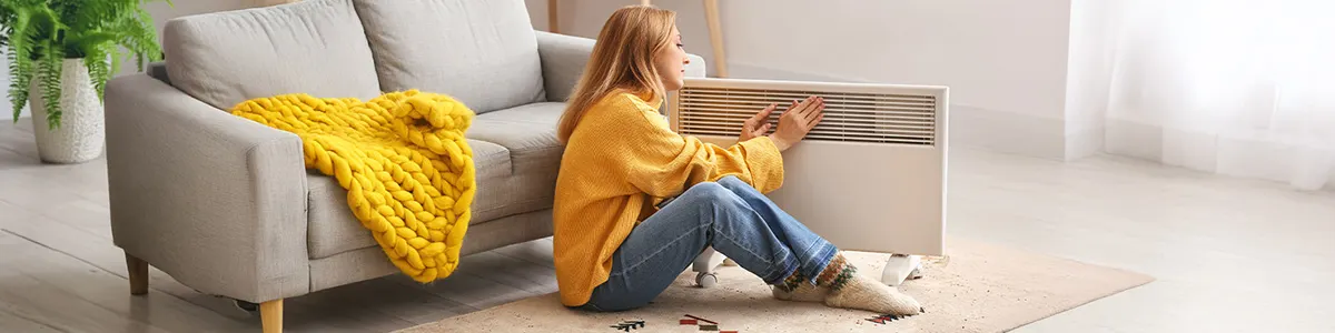 Kobieta w żółtej bluzce siedząca na podłodze jasnego salonu ogrzewa dłonie grzejnikiem konwektorowym. 