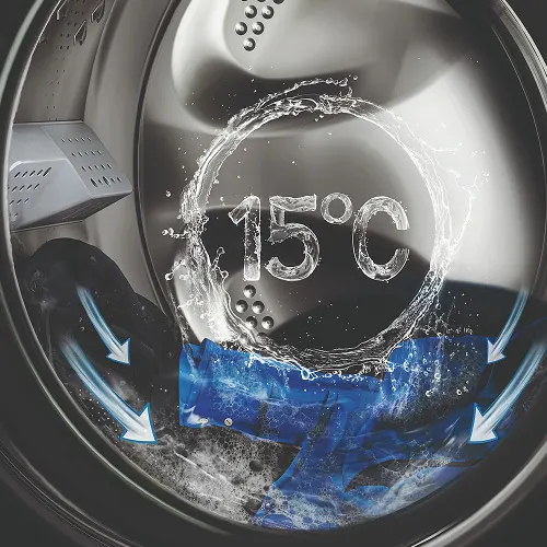 Wnętrze bębna pralki, z napisem 15 stopni celsjusza