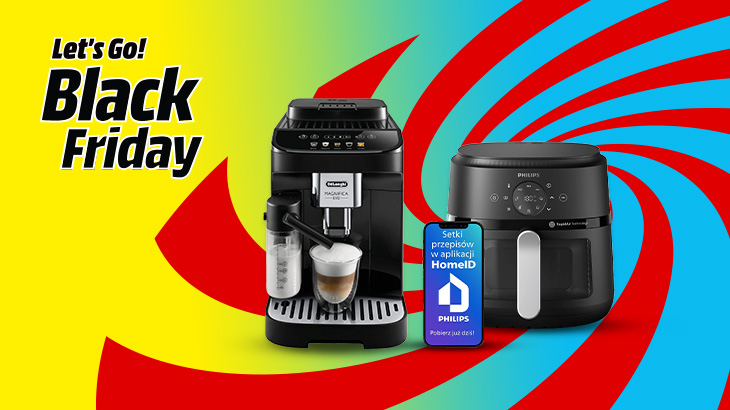 Czarny ekspres do kawy DeLonghi i frytownica Philips na tle z napisem "Black Friday".