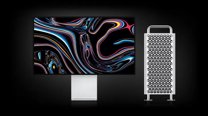 Na czarnym tle widoczny monitor z abstrakcyjną grafiką i komputer stacjonarny z metalową obudową.