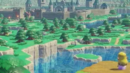 Widok na krajobraz z zamkiem w tle, drzewami i wodospadami. Postać stoi na klifie.