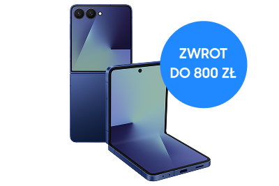 Granatowy składany smartfon (Galaxy Z Flip7) z plakietką ‘ZWROT DO 800 ZŁ’.