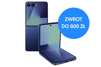 Granatowy składany smartfon (Galaxy Z Flip7) z plakietką ‘ZWROT DO 800 ZŁ’.