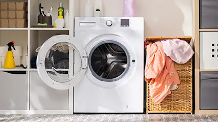 W pralni stoi biała pralka z otwartymi drzwiami, obok regał i kosz z praniem. W tle szafki i rośliny.