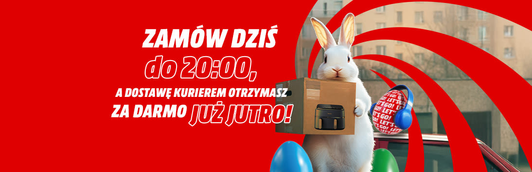 Zamów do godziny 20:00! A dostawę kurierem otrzymasz za darmo już jutro! W tle króliczek wielkanocny trzymający karton z airfryer. W tle swirl czerwony oraz jajka wielkanocne.