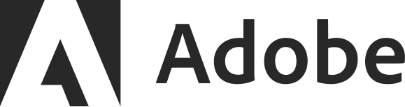 Na obrazie widoczne jest czarno-białe logo firmy Adobe, składające się z litery „A” i nazwy firmy pisanej obok.