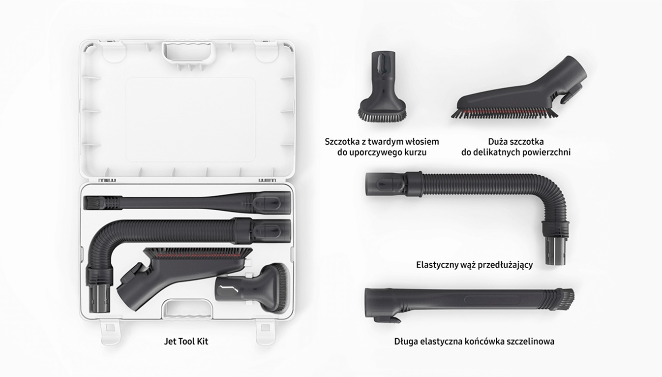Skrzynka z Jet Tool Kit. Szczotka z twardym włosiem do uporczywego kurzu, Duża szczotka do delikatnych powierzchni, Elastyczny wąż przedłużający, Długa elastyczna końcówka szczelinowa.