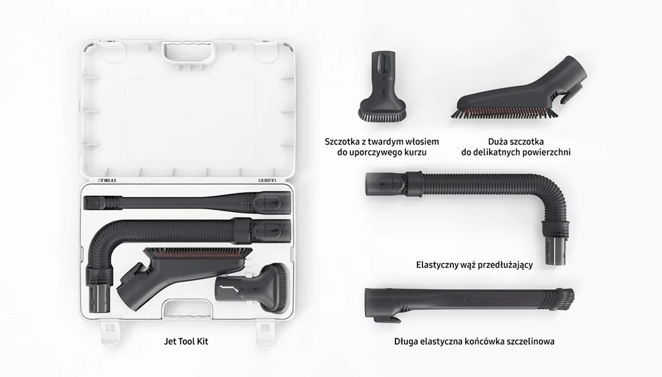 Skrzynka z Jet Tool Kit. Szczotka z twardym włosiem do uporczywego kurzu, Duża szczotka do delikatnych powierzchni, Elastyczny wąż przedłużający, Długa elastyczna końcówka szczelinowa.