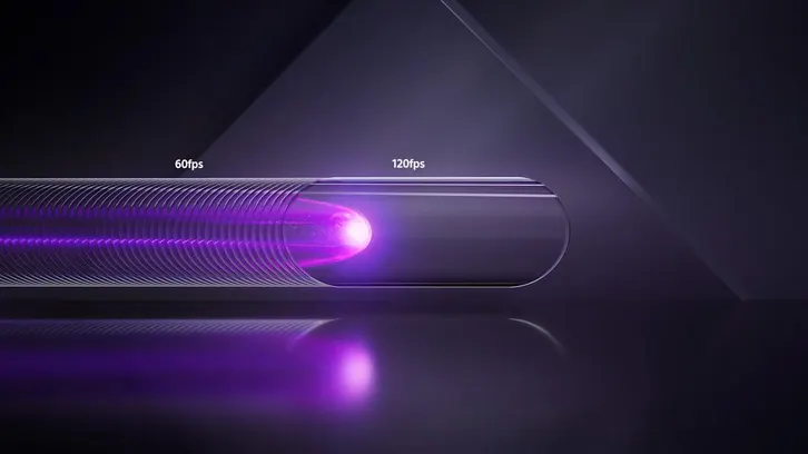 Fioletowy tunel z napisem 60fps i 120fps. Tunel ma prążkowaną strukturę i odblask na dole.