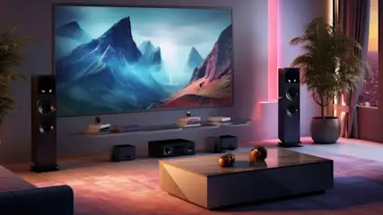 Salon z telewizorem, głośnikami, stolikiem kawowym i roślinami doniczkowymi. Ekran TV pokazuje górski krajobraz.