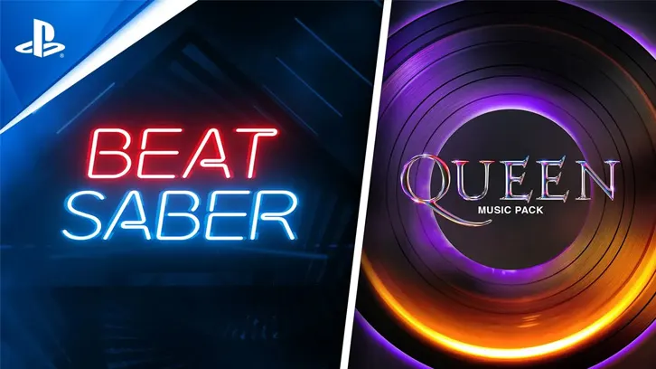 Na obrazie widoczne logo PlayStation, neonowy napis "Beat Saber" oraz grafika "Queen Music Pack" na tle płyty winylowej.