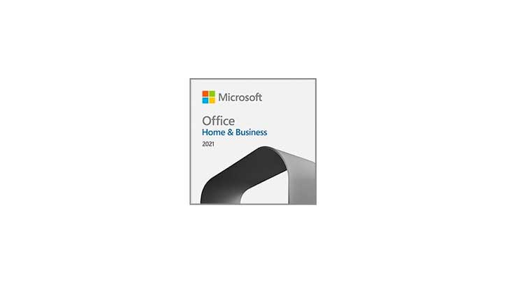 Biały kwadrat z logo Microsoft Office Home & Business 2021 i szarym, zakrzywionym elementem graficznym na dole.