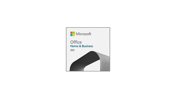 Biały kwadrat z logo Microsoft Office Home & Business 2021 i szarym, zakrzywionym elementem graficznym na dole.