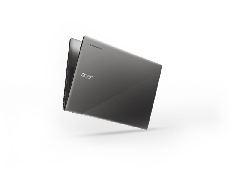 Laptop Acer, szary, lekko otwarty, na białym tle. Widoczne logo Acer i napis Chromebook Plus.