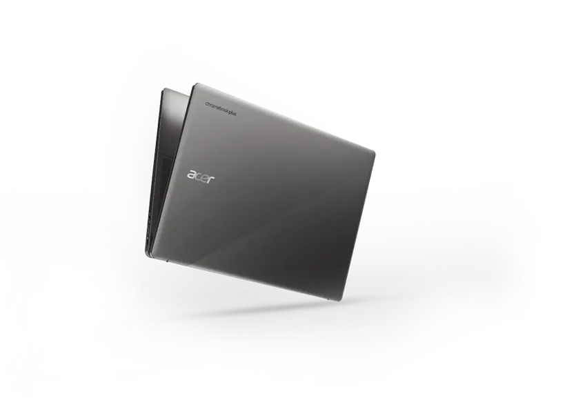 Laptop Acer, szary, lekko otwarty, na białym tle. Widoczne logo Acer i napis Chromebook Plus.